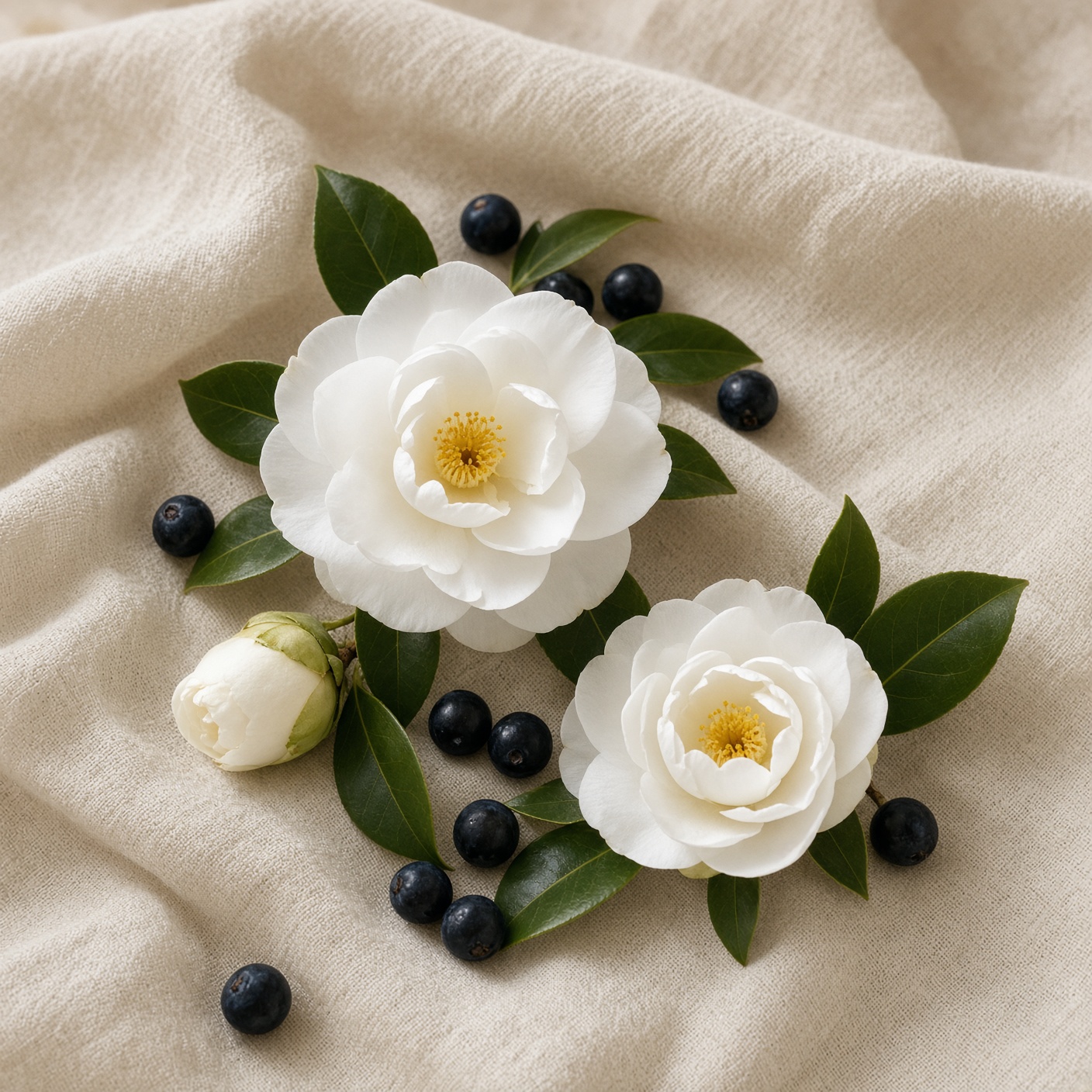 White camellia and dark berries