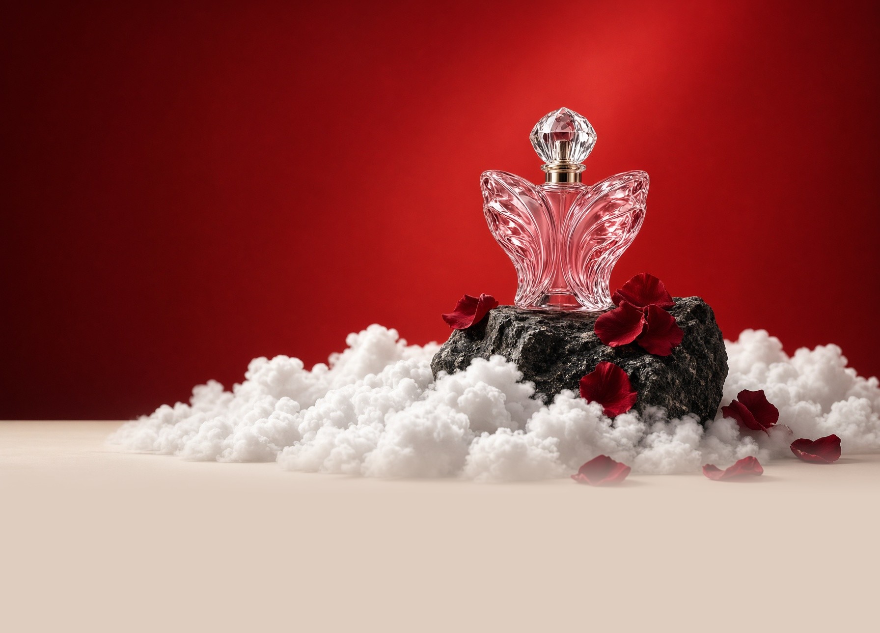 Midnight Bloom perfume resting on stone above a bank of clouds