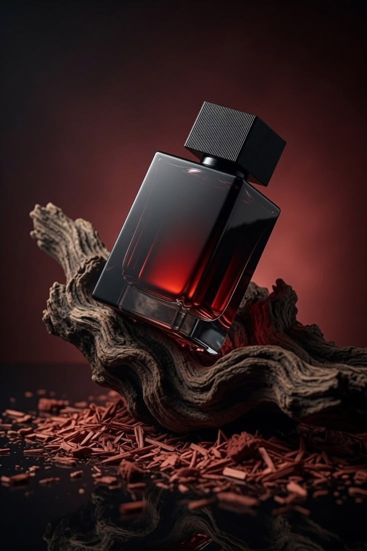 The NOCTELLE bottle resting on weathered driftwood among cedar shavings